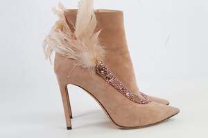 Jimmy Choo Nude Suede Feather Crystal Embellished Pointed Toe Boots Shoes Sz 38